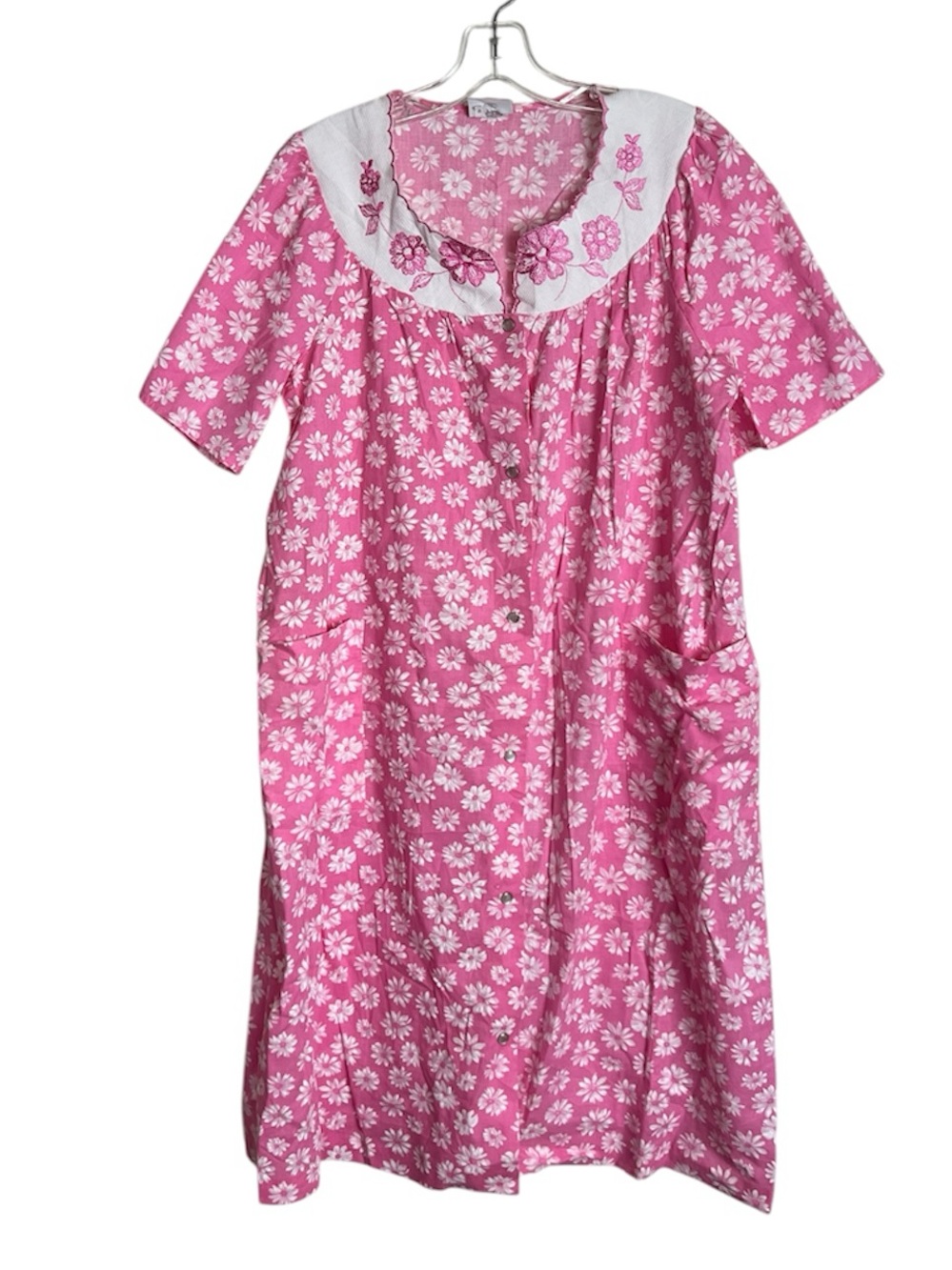 Vintage Pink Daisy House Dress Pockets Cottagecore Floral Snap Front M